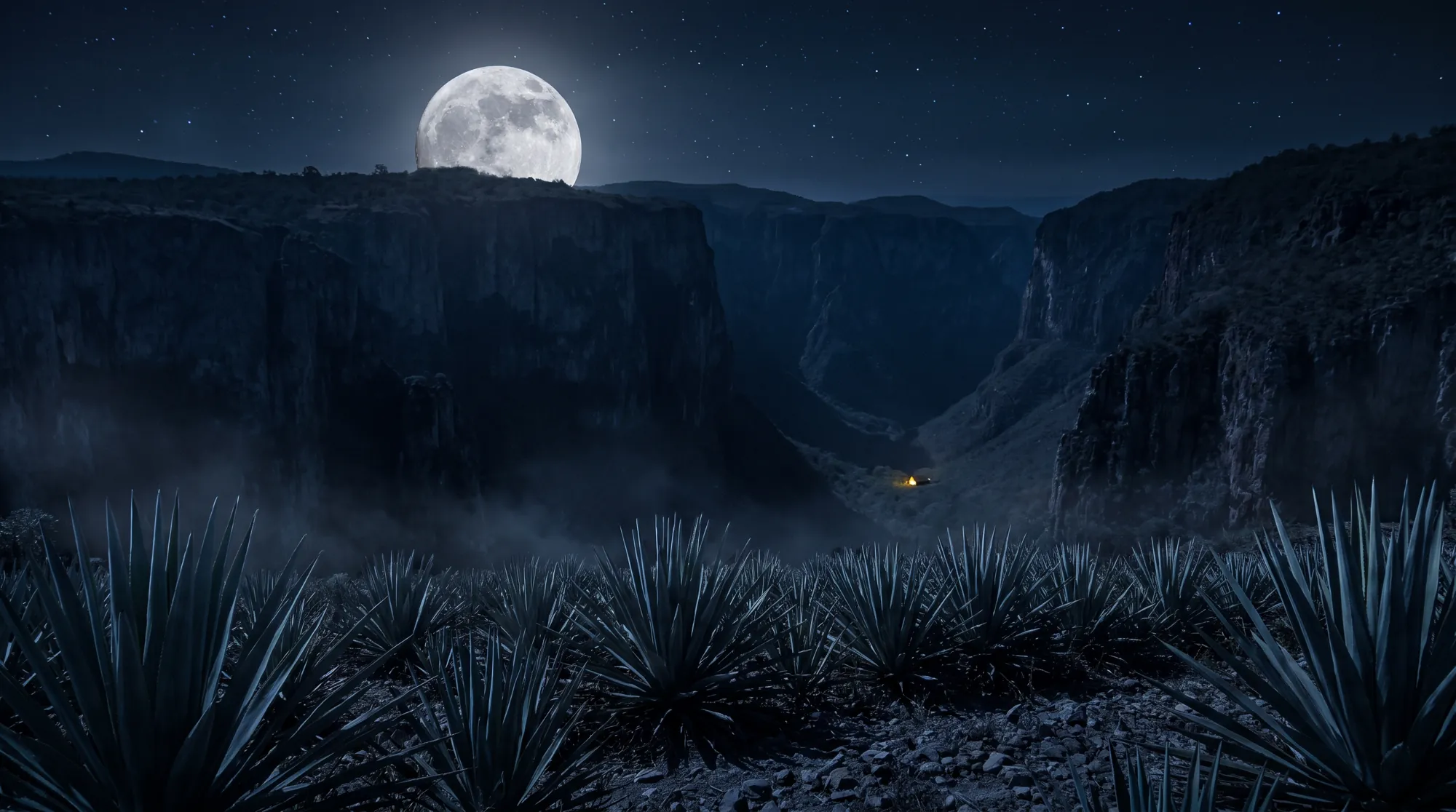 Luna llena sobre la barranca, con hileras de agave en silueta
