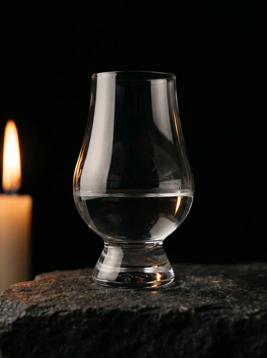 Una copa de boca cerrada sola sobre una mesa de piedra oscura